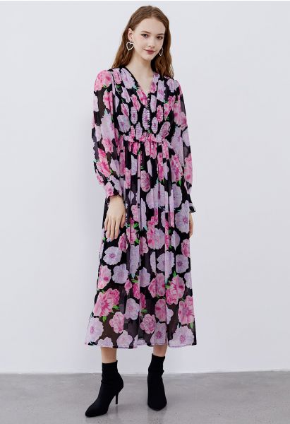 Delicate Floral Shirred Maxi Dress in Black