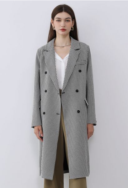 Houndstooth Lapel Collar Double-Breasted Longline Coat