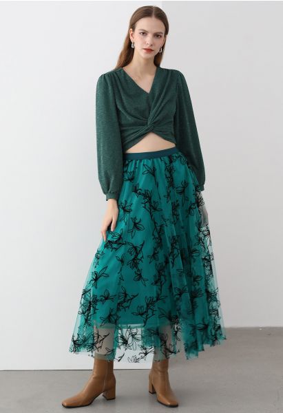Velvet Magnolia Double-Layered Mesh Maxi Skirt in Green