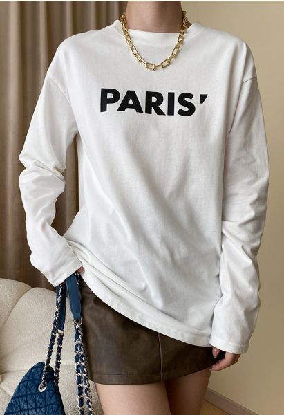 Paris Print Round Neck Long Sleeves Top