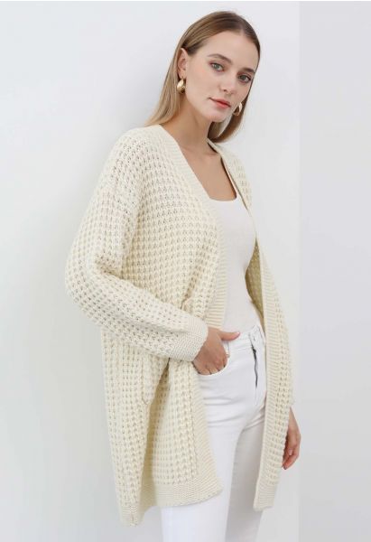 Batwing-Sleeve Pockets Waffle Knit Cardigan in Ivory