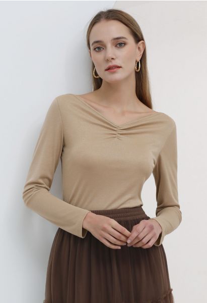 Self-Tie Bowknot Back Ruched V-Neck Top in Light Tan