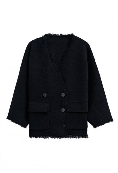 Collarless Fringed Edge Button Down Coat in Black