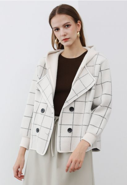 Versatile Grid Fake Two-Piece Hooded Coat in Ivory