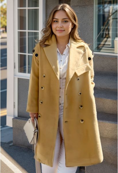 Buttoned Shoulder Double-Breasted Belted Longline Coat in Mustard