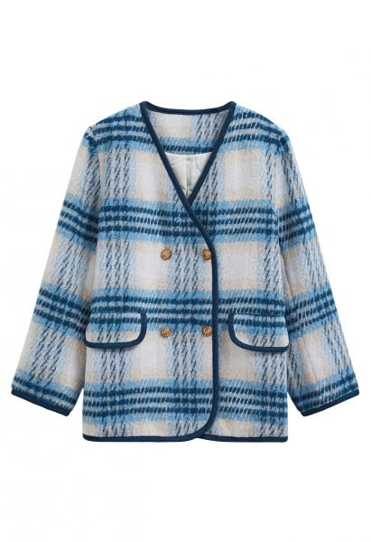 Blue Plaid Fuzzy Double-Breasted Coat