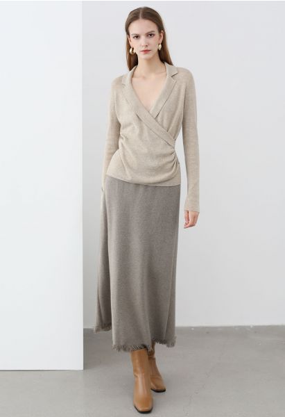 Fringed Hemline Soft Knit Maxi Skirt in Taupe