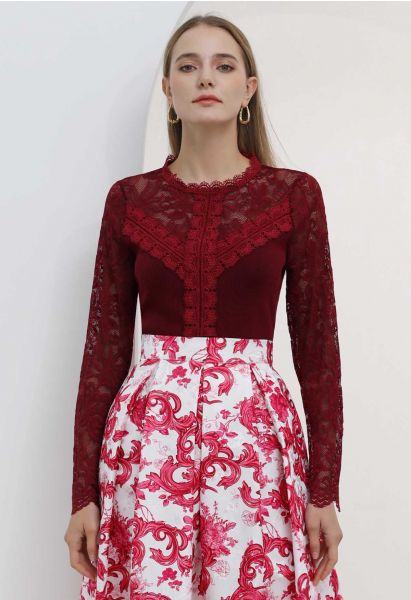 Ethereal Floral Lace Spliced Knit Top in Burgundy