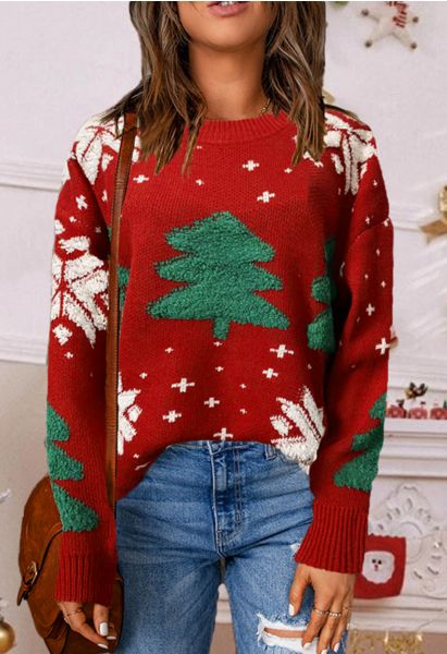 Christmas Tree and Snowflake Jacquard Knit Sweater in Red