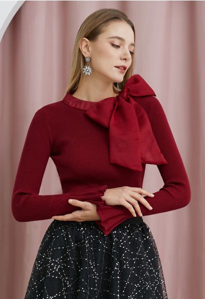 Fancy with Bowknot Knit Top in Burgundy