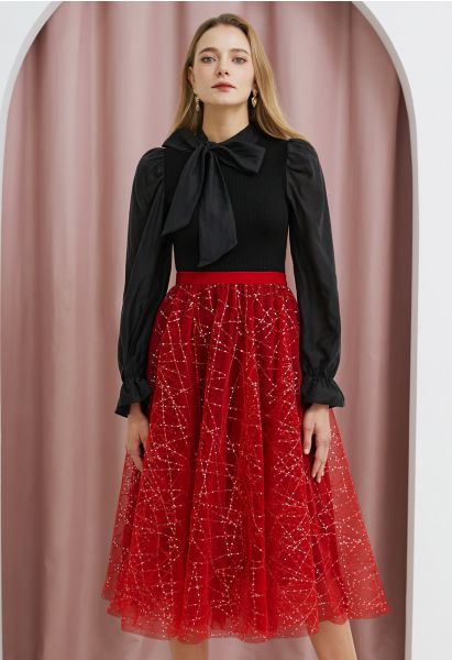 Sequined Embroidery Double-Layered Mesh Tulle Midi Skirt in Red