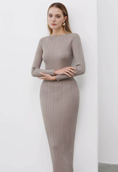 Stripe Texture Fitted Knit Maxi Dress in Oatmeal