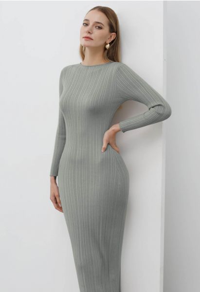 Stripe Texture Fitted Knit Maxi Dress in Pea Green