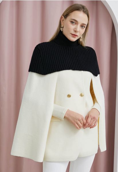 Turtleneck Double-Breasted Twinset Cape Coat in Ivory