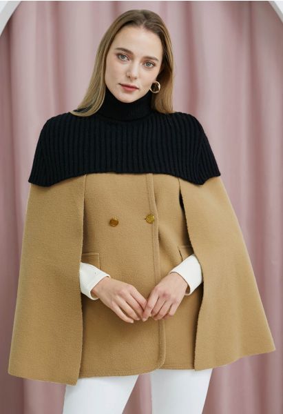 Turtleneck Double-Breasted Twinset Cape Coat in Light Tan