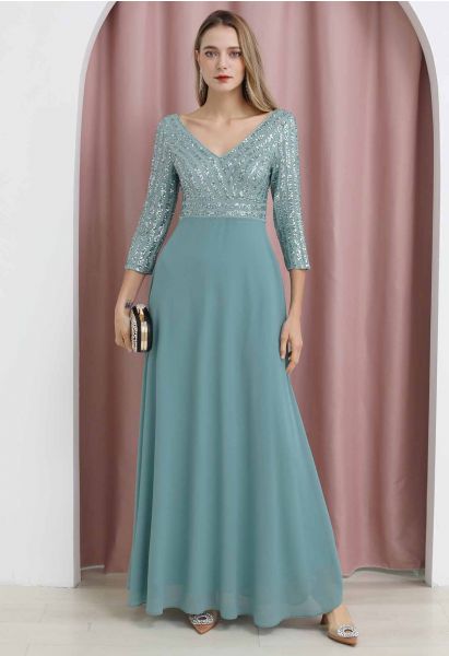 Exquisite Sequin V-Neck Chiffon Maxi Gown in Dusty Blue