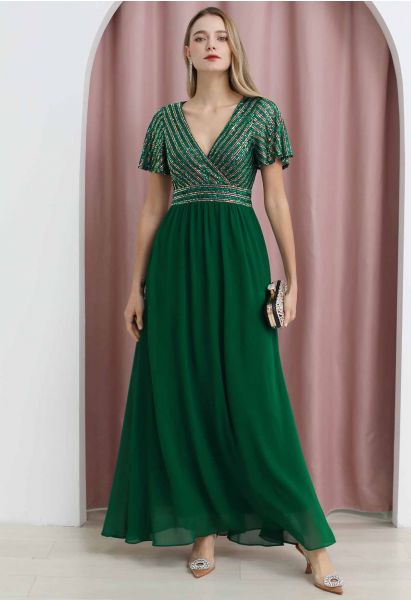 Faux-Wrap Shimmer Sequin Chiffon Maxi Gown in Emerald