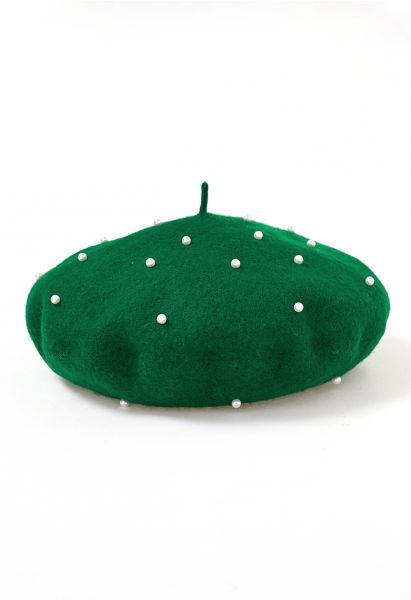 Handmade Pearl Wool Blend Beret Hat in Dark Green