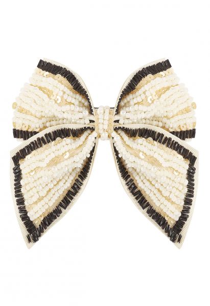 Sequin Beaded Bowknot Hair Barrette in Cream