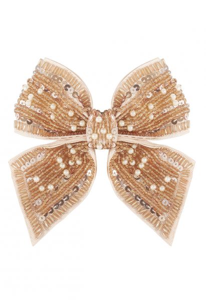 Sequin Beaded Bowknot Hair Barrette in Apricot