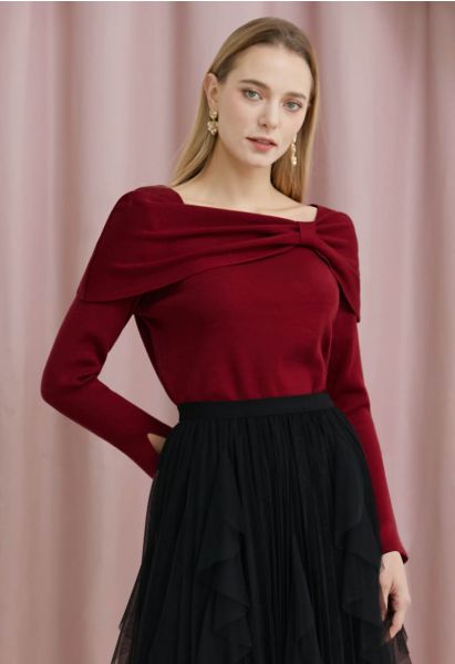 Alluring Side Knot Knit Top in Red