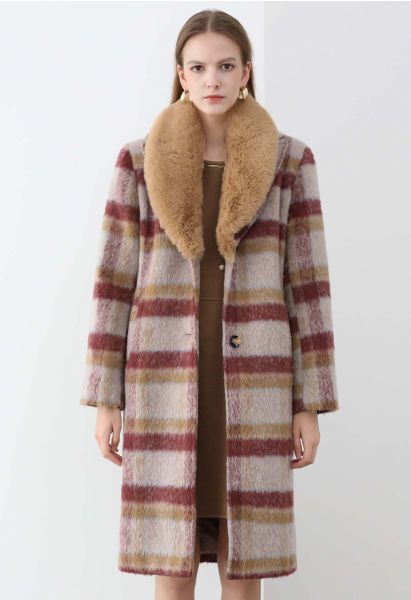 Faux Fur Collar Plaid Longline Coat