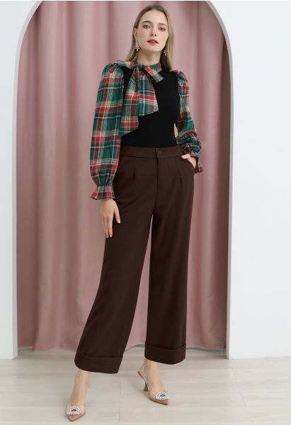 Comfy Chunky Straight-Leg Cuffed Pants in Brown