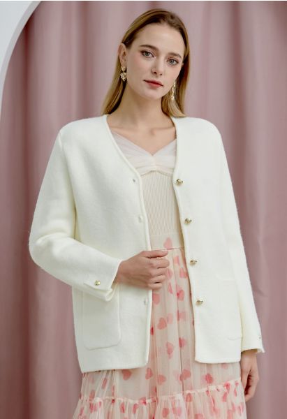 Collarless V-Neck Patch Pockets Coat in Cream