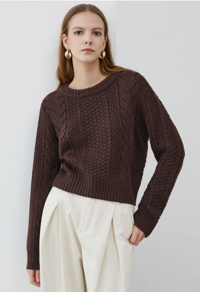 Classy Cable Knit Crop Sweater in Brown