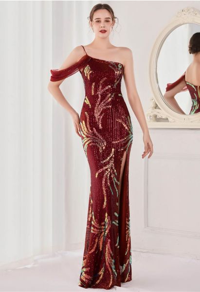 One-Shoulder Front Slit Sequined Maxi Gown in Burgundy