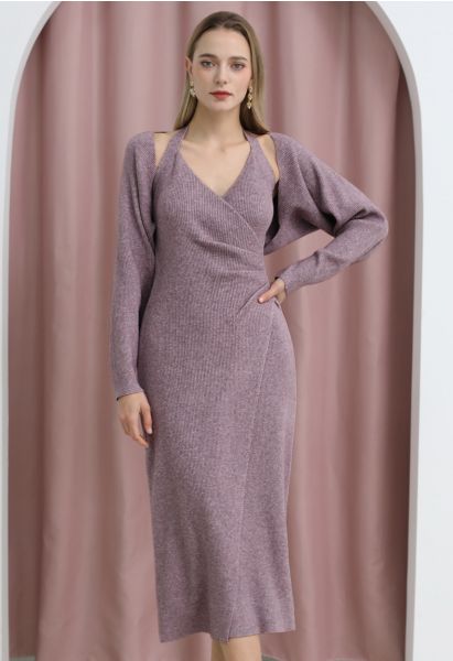 Crisscross Halter Neck Ruched Knit Dress and Shrug Set in Purple