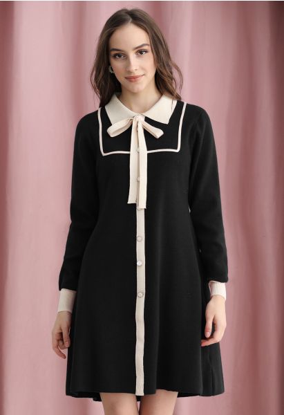 Contrast Edge Polo Knit Dress in Black