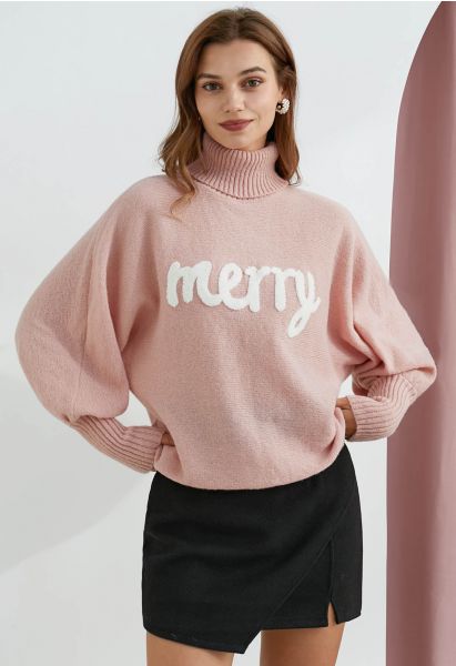 Merry Turtleneck Batwing Sleeve Knit Sweater in Pink