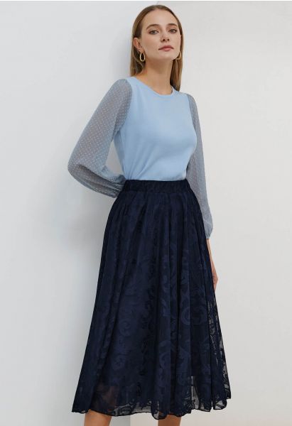 Sophisticated Floral Mesh Tulle Midi Skirt in Navy