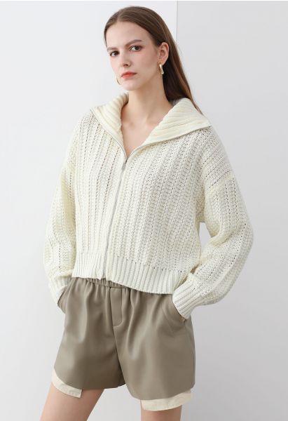 High Neck Chunky Knit Zip Up Cardigan in White