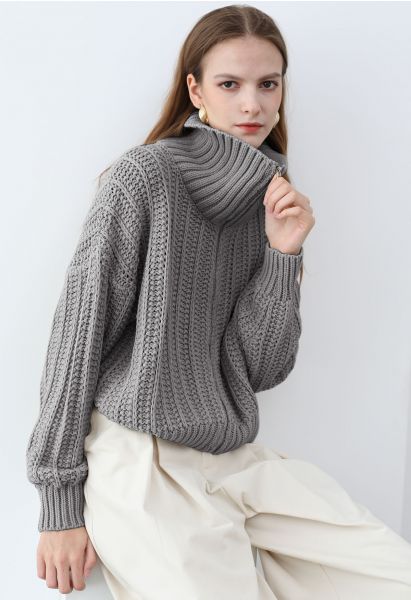 High Neck Chunky Knit Zip Up Cardigan in Grey