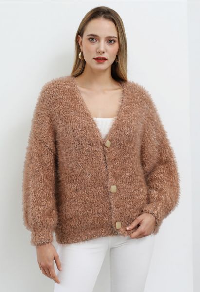 Coziness Shimmer Fuzzy Knit Buttoned Cardigan in Coral