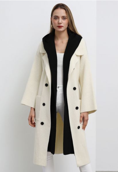 Contrast Fake Two-Piece Hooded Longline Coat in Cream