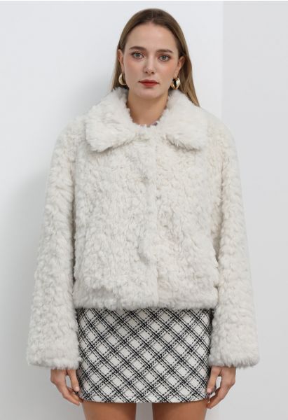 Faux Fur Collared Crop Coat in White