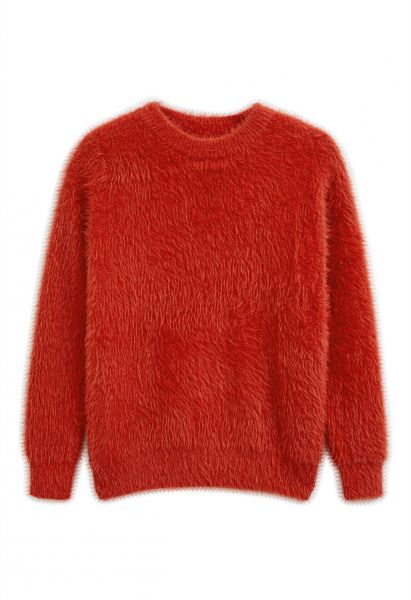 Solid Color Fuzzy Knit Sweater in Orange