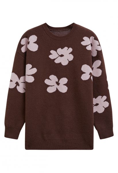 Contrast Flower Pattern Knit Sweater in Brown