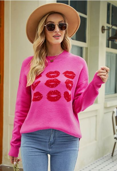 Red Lips Pattern Knit Sweater in Hot Pink