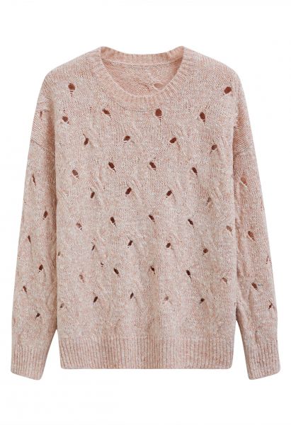 Hollow Out Mix-Color Cable Knit Sweater in Apricot