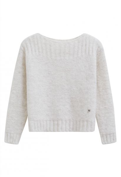 Boat Neck Ribbed Detailing Knit Sweater in White