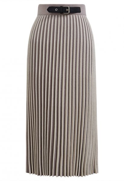Belt Decorated Striped Pleated Knit Skirt in Taupe