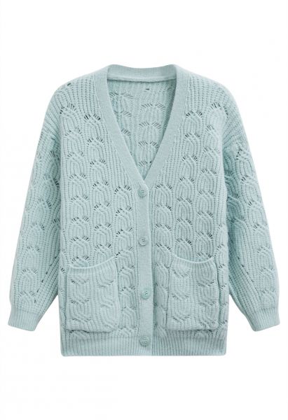 Button Front Pointelle Knit Cardigan in Mint