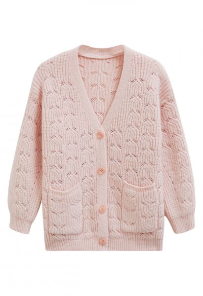 Button Front Pointelle Knit Cardigan in Pink