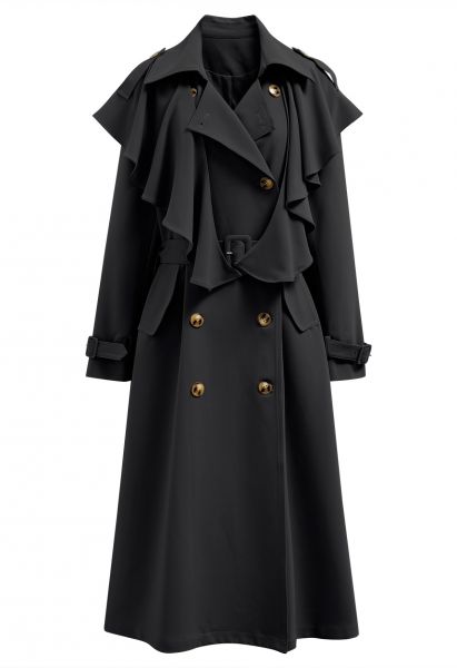 Ruffle Trimmed Belted Double-Breasted Trench Coat in Black