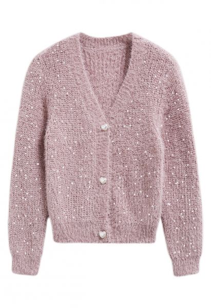 Heart Buttons Sequin Fuzzy Knit Cardigan