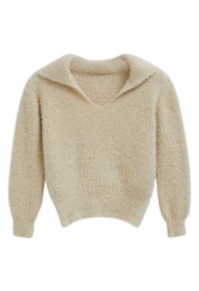 Flap Collar Fuzzy Knit Cropped Sweater in Light Yellow